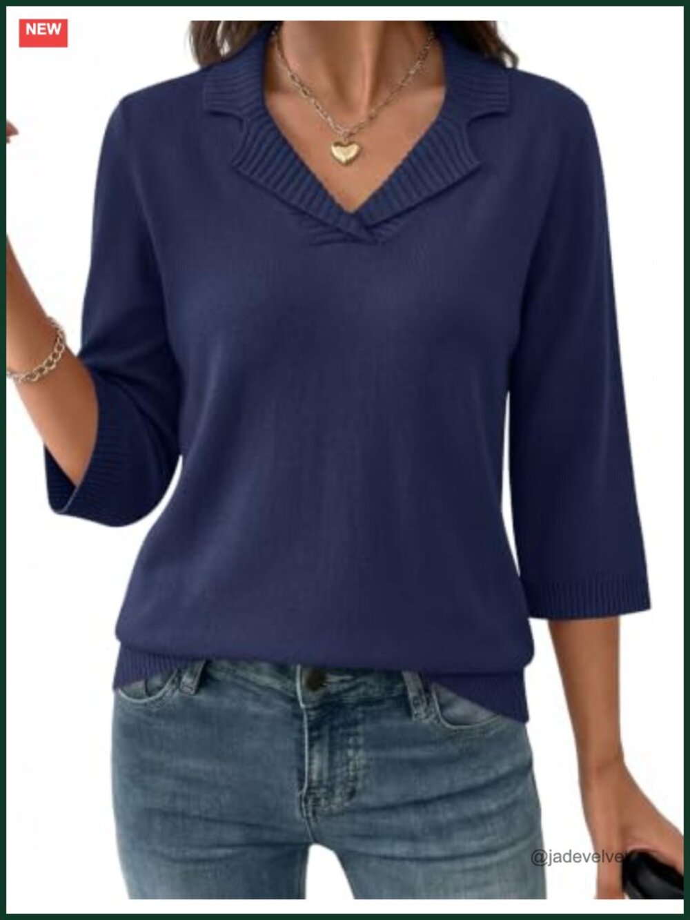 Womens Collared V Neck 3/4 Sleeve Knit Sweater Pullover Top